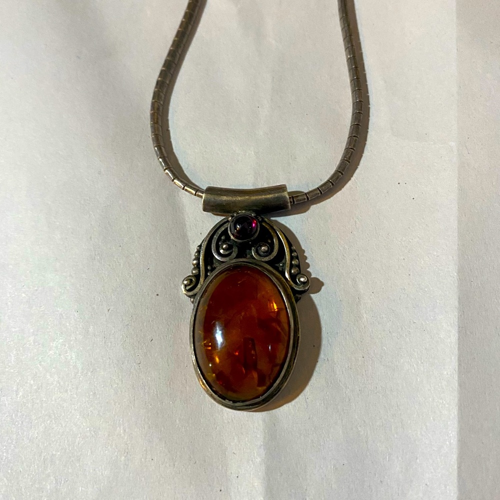 SOLD! Amber and garnet art deco sterling silver pendant